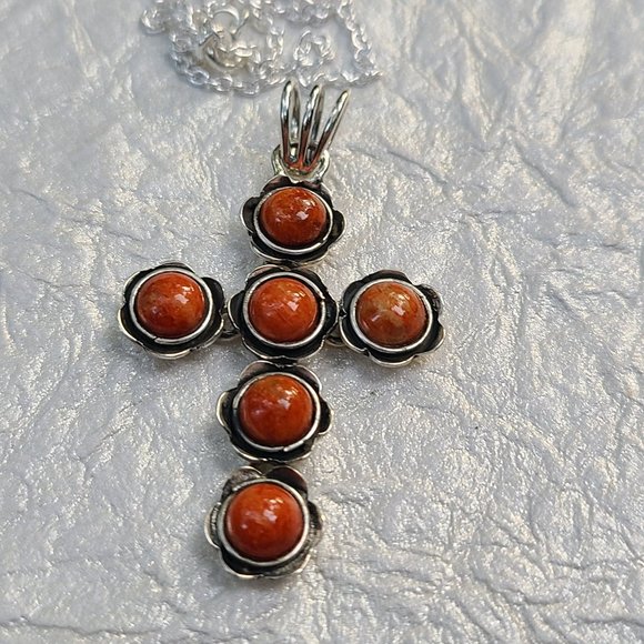 JewelrybyJohnM Jewelry - Red Coral Cross Pendant necklace-Cross pendant sterling silver